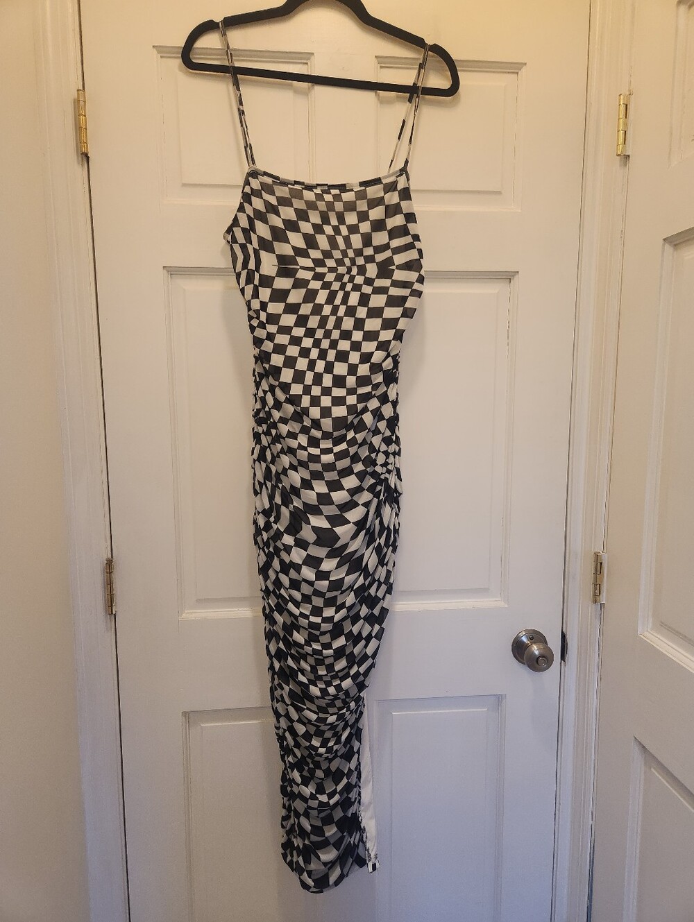 90s Y2k Vintage Black White Checkerboard Mesh Rouched Midi Maxi Dress L